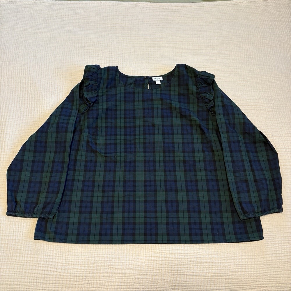 J. Crew Blouse Women's XL Plaid Green Ruffle Poplin Top Long Sleeve Cotton Boho